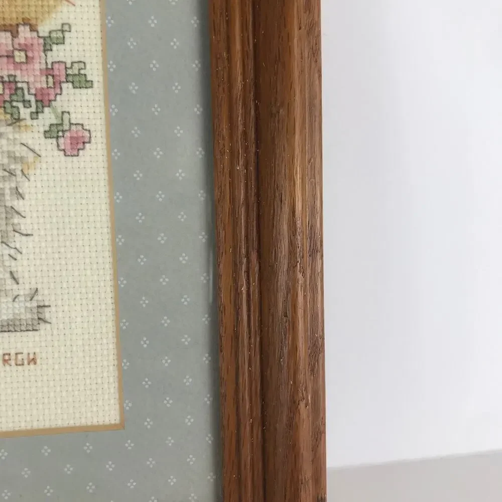 Vintage Shaggy Puppy Dog Flowers Framed Cross Stitch Embroidered Folksy Wall Art
